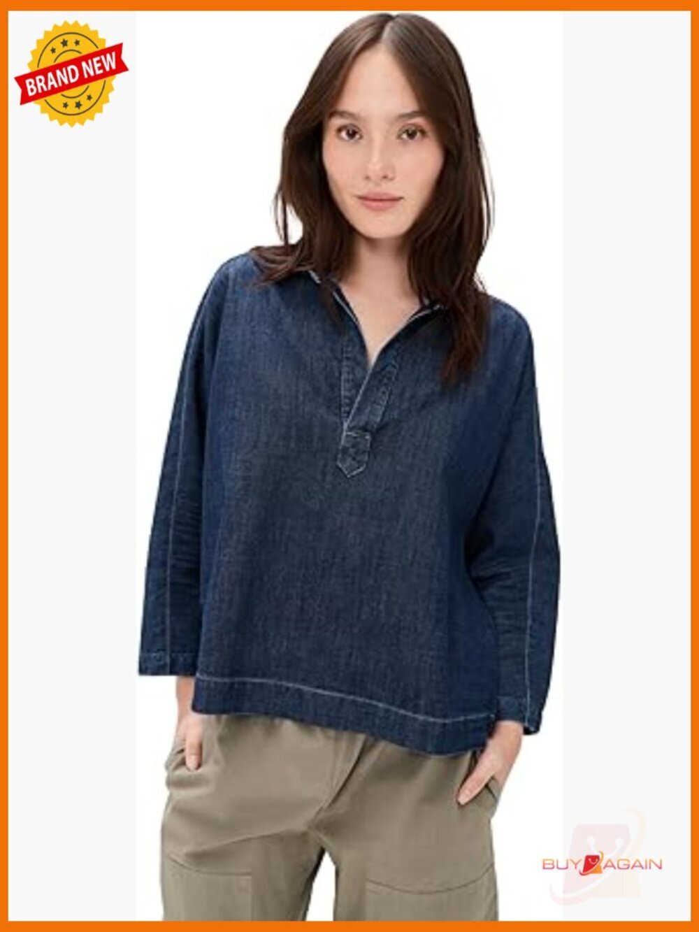 Relaxed Fit Popover Shirt, 3/4 Sleeve, Lightweight Cotton Denim